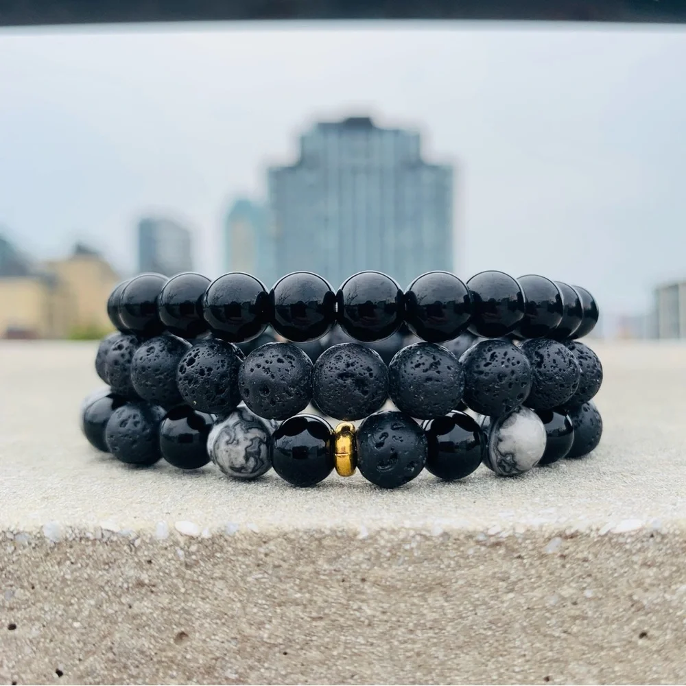 3pcs Set Mix Men’s Round Beaded Stone Elastic Bracelets